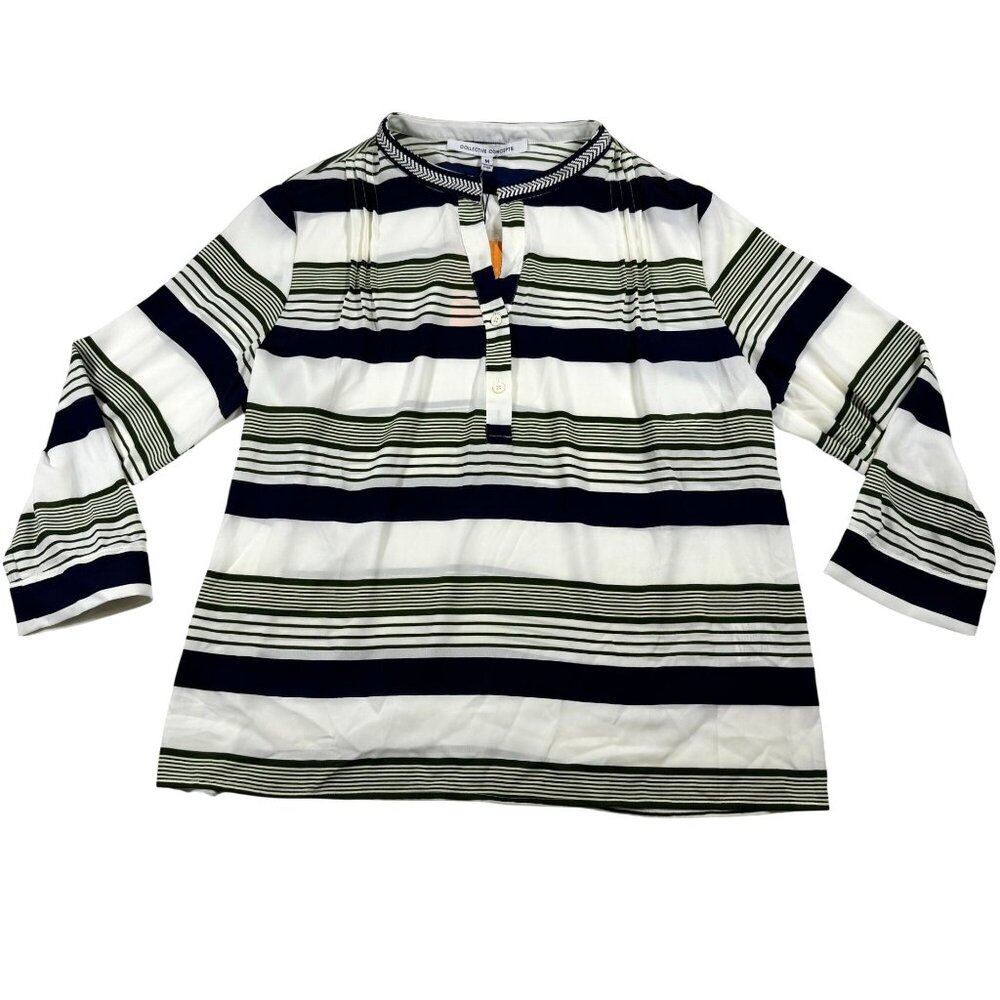 Collective Concepts White/Navy/Green Striped Long Sleeve Blouse  Womens M